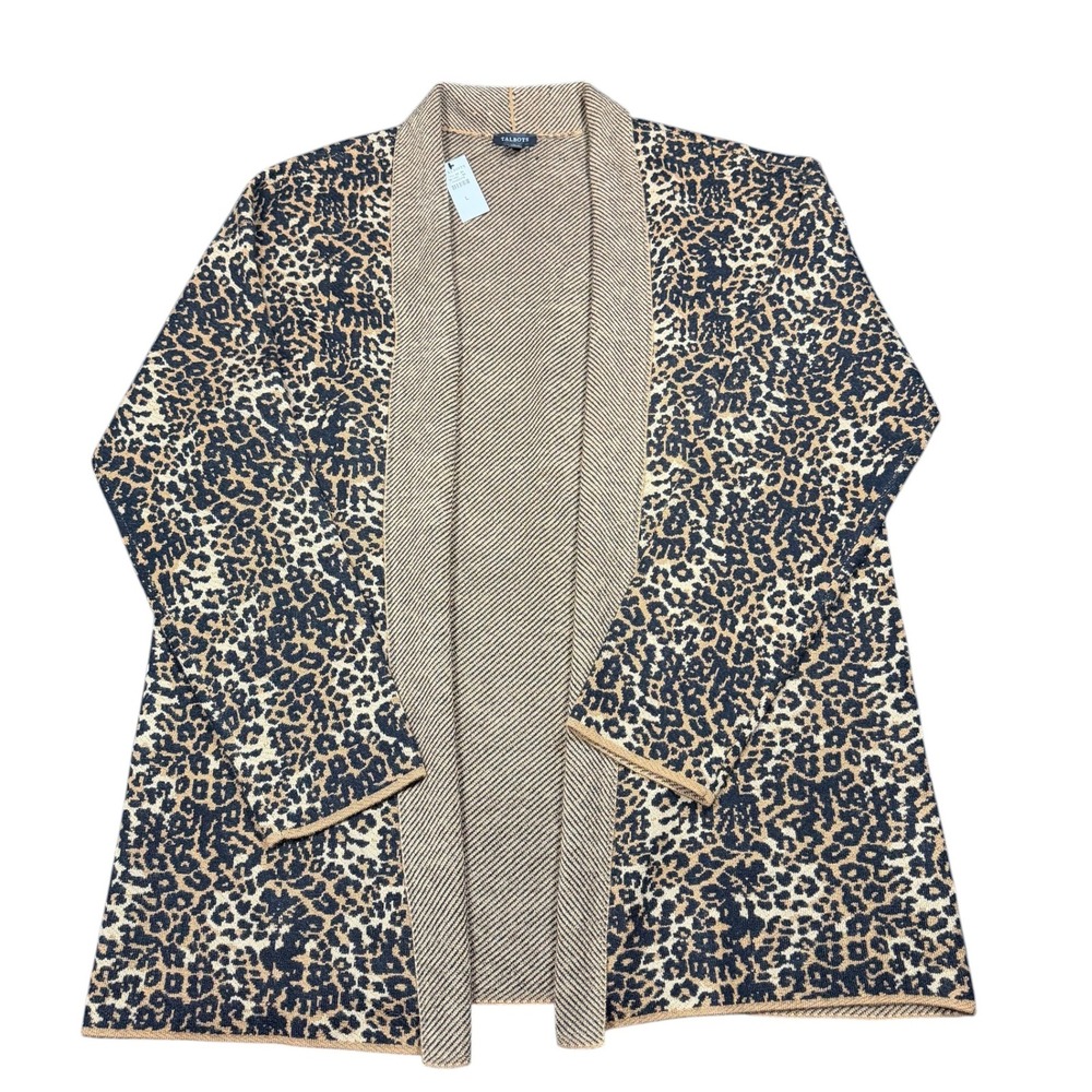 Talbots Cardigan Womens Tan Black Leopard Wool Blend Open Front Chic Large